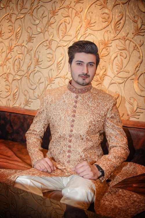 Majestic Midnight Sherwani with Gold Zari Shoulders